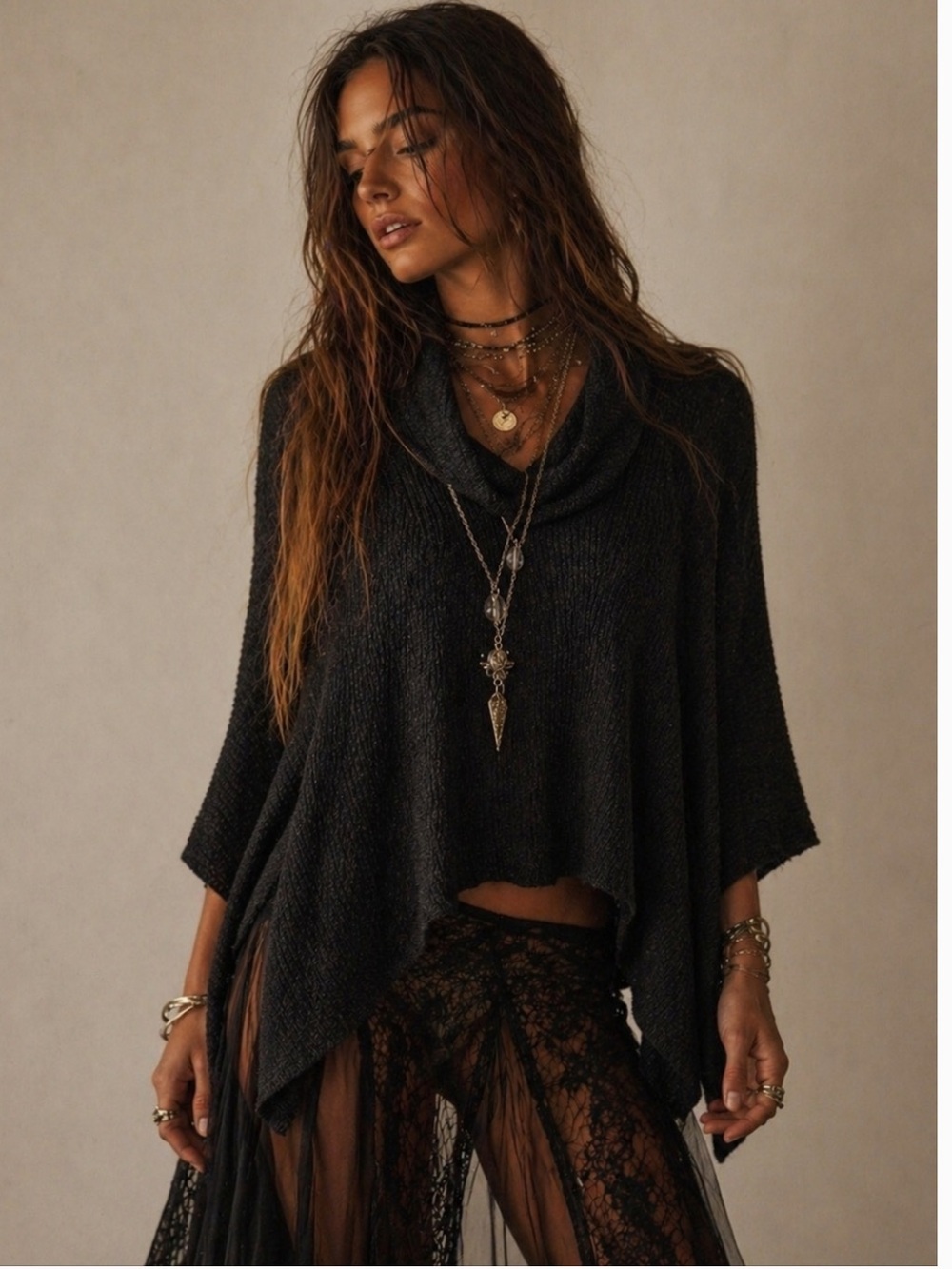 Free People Beach World Traveller Cowl Neck Pullover Back Split Top size S Black